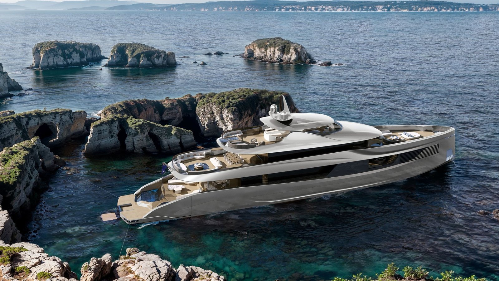 Livia 50 motor yacht anchored in a rocky bay